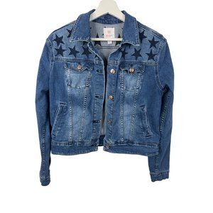 LuLaRoe Jacket Women Medium Blue Denim Button Up Stretch Stars Long Sleeve Boho